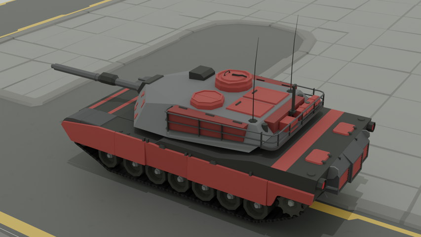 Render of a low poly tank with a Sci-Fi aesthetic with a black body and red highlights.