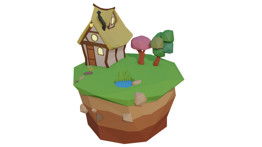 Rendering of a low poly house on a floating island with a transparent background.