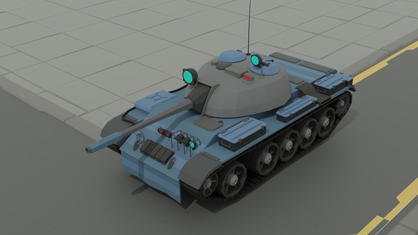 Render of a low poly tank with a Sci-Fi aesthetic with a blue body and light blue highlights.